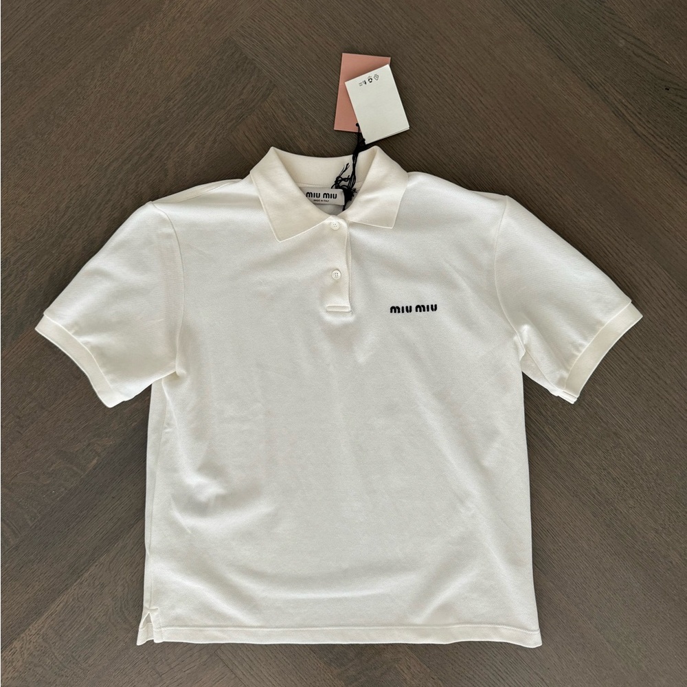MIU MIU Logo Embroidered Cotton Polo Shirt White XS